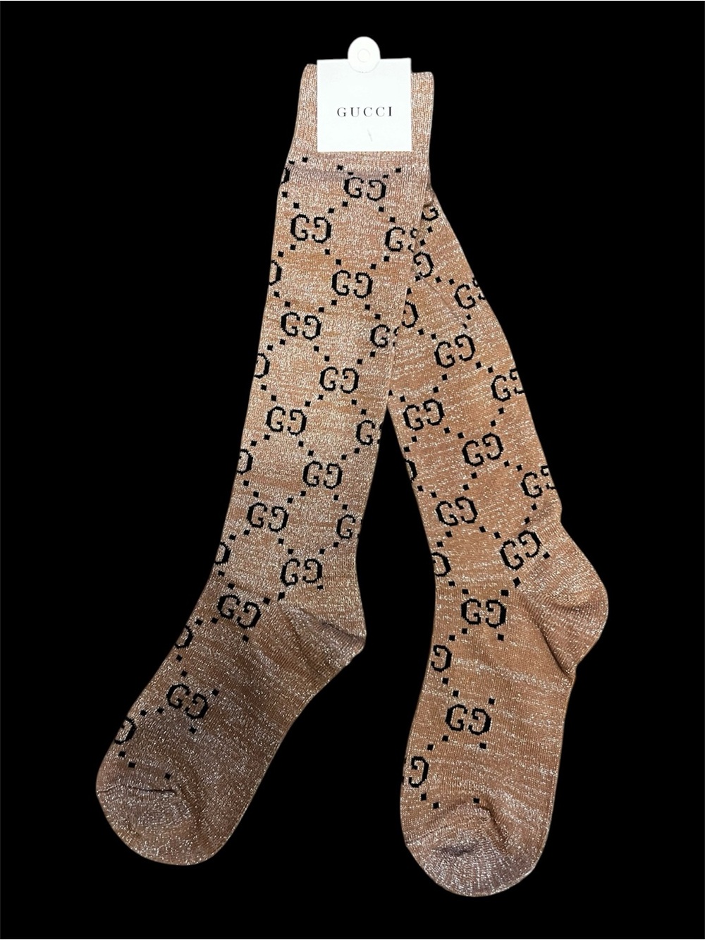 New With Tags Gucci. Tan and Black Lame Sparkle Socks Knee Hight
